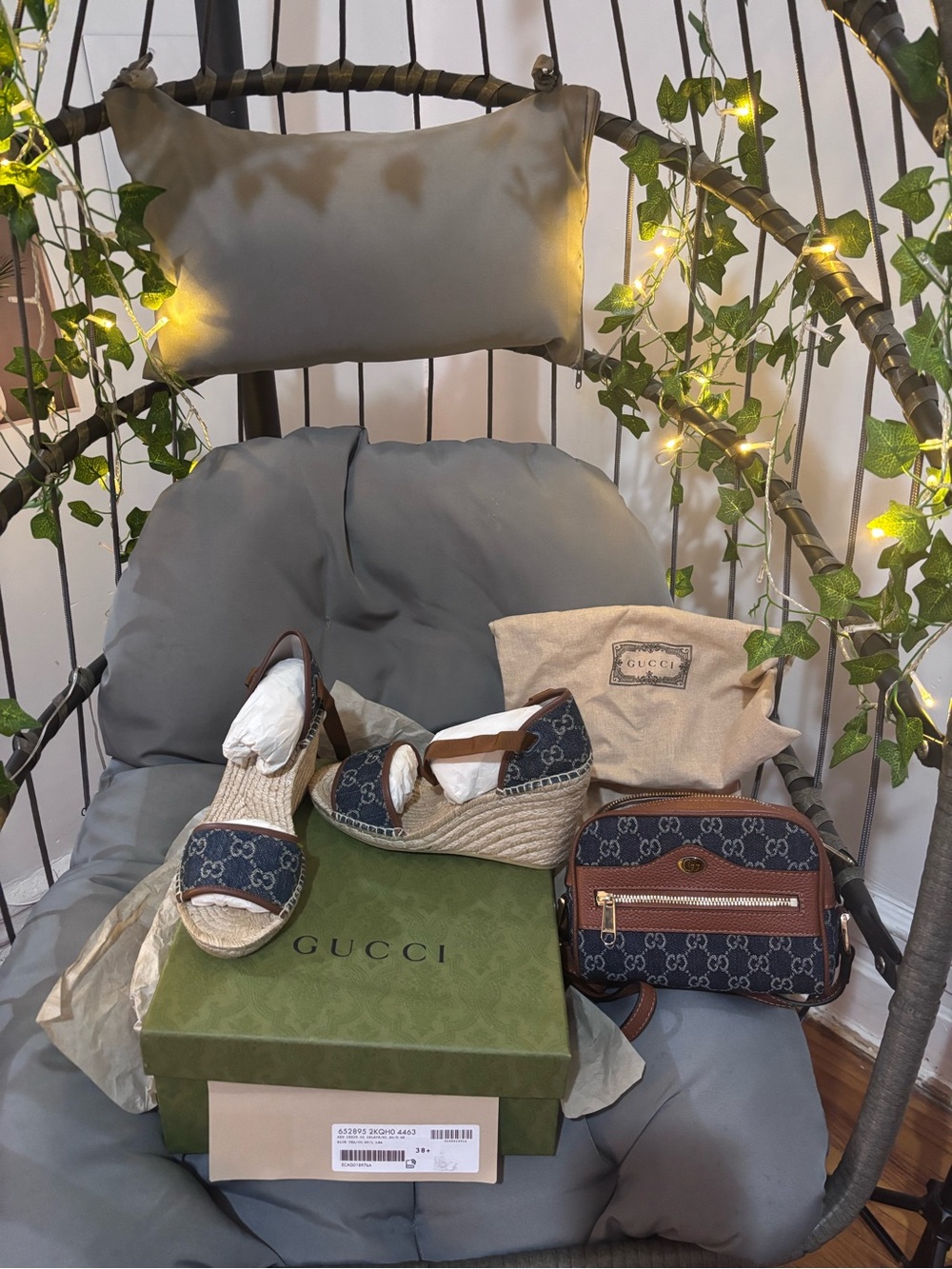 Gucci Blue Monogram Espadrille Wedges with Matching GG Crossbody - Blue & Brown